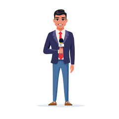 Fototapeta premium Smiling Male Reporter Holding Microphone with Broadcast Logo.