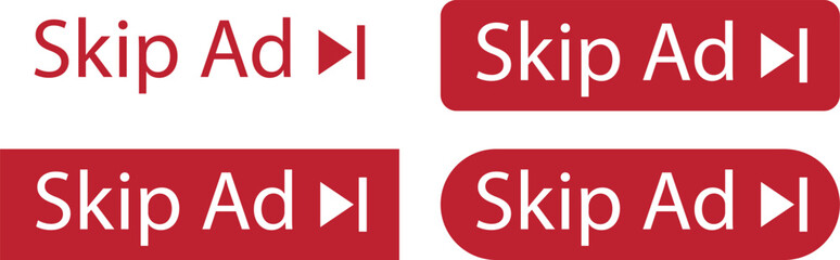 Skip ads buttons and icons set in flat, solid, and colorful vector styles. Media control button group, skip advertisement collection, next, forward, video navigation, and playback symbols