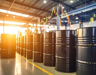 Oil barrels and stock market charts in a warehouse