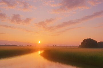 Fototapeta premium 田舎の川の夕焼け