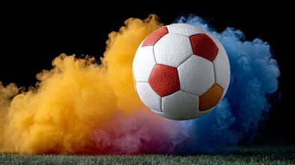 Soccer ball is flying through a cloud of smoke. The smoke is yellow, red, and blue