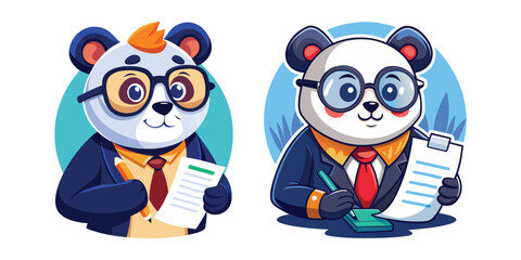 Panda Boss Reviewing Contracts Wearing Glasses, Business Panda Vector Illustration, Corporate Leadership, Office Work, Professional Panda Character, Contract Analysis, Cute Executive Animal Design