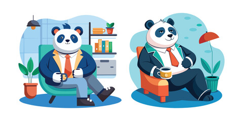 Relaxing Panda Boss Enjoying Tea Break in Office Break Room Vector Illustration – Cute Corporate Animal Mascot Design for Business and Workplace Concepts