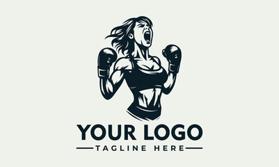 Vintage style logo featuring a powerful female boxer in a triumphant pose.
