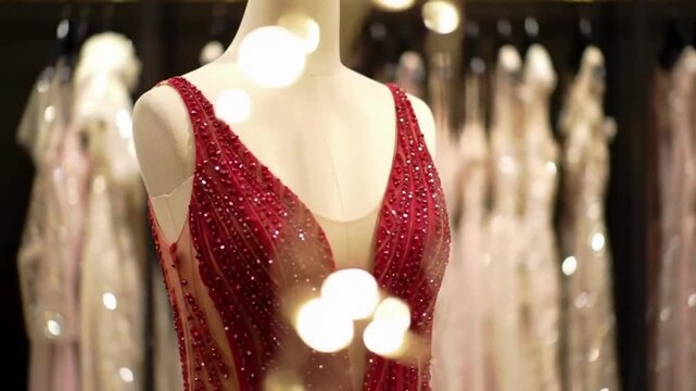 Fashion store boutique with sparkling, glamorous mannequin gown display