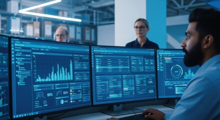 Control room with advanced dashboard displays monitoring warehouse throughput and system performance metrics.