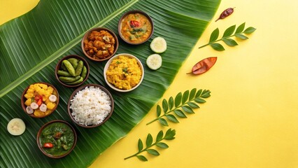 Traditional South Indian Vegetarian Meal Served on Fresh Banana Leaf for Festival Celebration