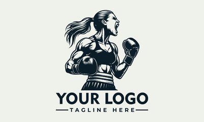 Powerful female boxer logo design, strong woman shouting in victory, boxing gloves raised.