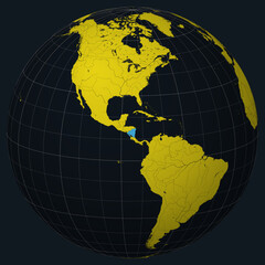 Nicaragua on Globe. Country view on the world map in Charcoal Bright Yellow color palette. Nicaragua shape on map. Globe with meridians, parallels, countries, rivers and lakes.