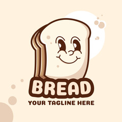 Happy cartoon bread mascot logo, retro style, beige and brown palette.