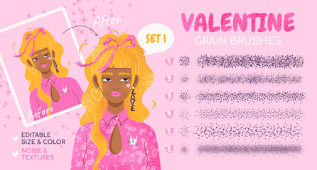Grain scatter brushes. Romantic collection with noise effect, grunge textures, paint splash, halftone. Grainy design kit with basics and brush strokes. Swatches included. Editable size and color