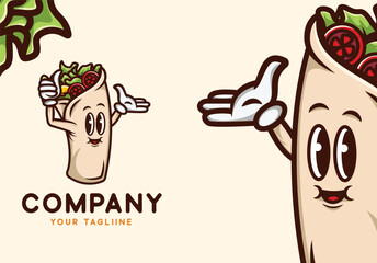 Friendly Cartoon Burrito Mascot Logo,  Cheerful Veggie Wrap Character,  Restaurant Branding Illustration