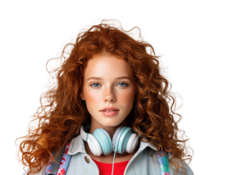 Beautiful Redhead Teen Girl with Curly Hair and Headphones on Transparent Background - Powered by Adobe