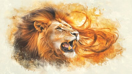 Watercolor Lion Roar Wildlife Art Abstract, Majestic Lion Roaring with Flowing Mane in Artistic Expression