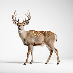 Fototapeta premium Whitetail Deer Portrait: A majestic whitetail deer with a large, impressive rack of antlers stands proudly against a bright background. The deer’s spotted coat is clearly visible.
