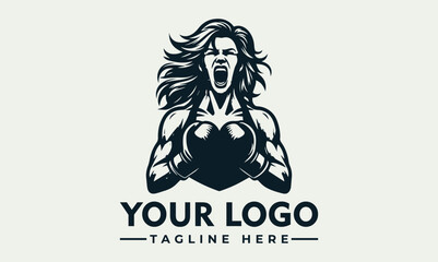 Powerful female boxer logo design, fierce expression, boxing gloves, ready to fight.