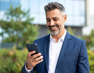 Happy stylish older busy businessman investor holding smartphone looking at cellphone doing banking payments. Middle aged business man using mobile cell phone working outdoors. Candid photo.
