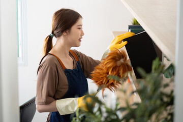 Home Cleaning. Person dusting furniture with a feather duster.