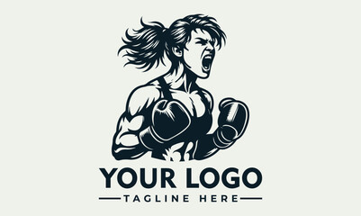 Illustration of a muscular woman boxer with boxing gloves, screaming with determination.