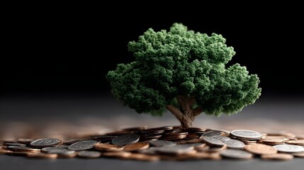 Macro Photography of a Lush Green Tree with Coin Base Composition for Environmental Investment Visuals