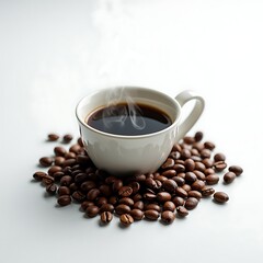 Fototapeta premium Steaming Coffee Cup with Beans Minimalist Still Life