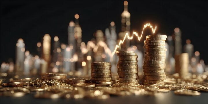 Financial Growth Visualization with Stacked Coin Bars and Cityscape Backdrop