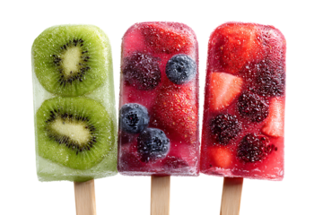 Three vibrant fruit popsicles with kiwi, strawberries, blueberries, and blackberries on transparent background