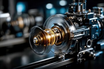 Naklejka premium Detailed close-up of a precision engineered turbine component in a modern workshop setting