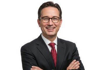 Smiling man in suit with arms crossed on transparent background