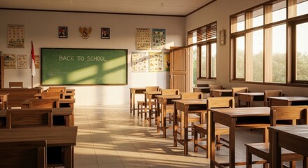 Warm Golden Sunlight Streams into Empty Classroom with 'Back to School' Chalkboard and Wooden Desks