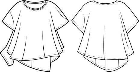 Stylish asymmetrical hem top, front and back view, fashion CAD drawing, sewing pattern, garment template, vector illustration, apparel design