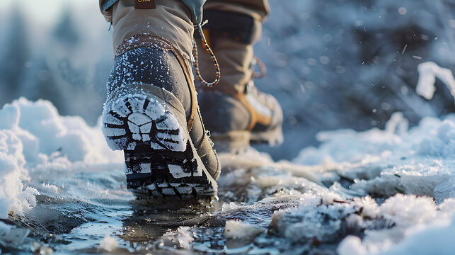 Close up of hiking boots standing on ice and snow during winter season in the outdoors setting