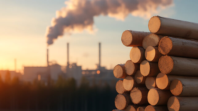 Timber Logs & Industrial Plant: A scenic contrast of natural wood stacked high against a backdrop of an industrial plant billowing smoke at dusk.