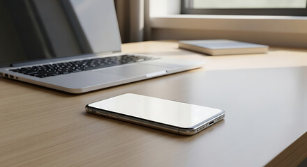 Modern Office Desk with Smartphone Mockup and Laptop &ndash; Minimalist Natural Workspace