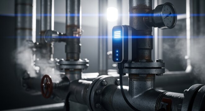Hightech gas leak detection sensor near industrial pipe network