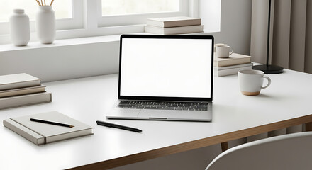 Minimalist Scandinavian Home Office with MacBook Mockup on White Desk and Wooden Accents