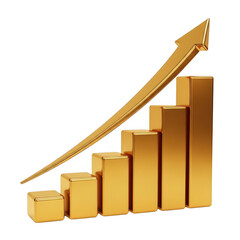 Golden bar chart with upward arrow isolated on transparent background