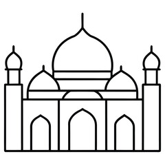 Elegant line art mosque with multiple domes and minarets on a clean white background for architectural and islamic designs