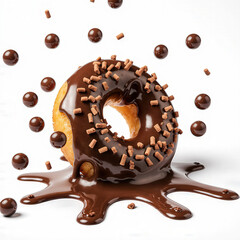 Delicious Donut: A close-up shot showcases a freshly made donut with rich chocolate glaze and sprinkles, surrounded by cascading chocolate balls, creating a mouthwatering dessert experience.