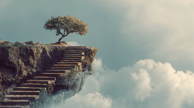 Solitary tree atop a rocky cliff with stairs leading up, floating among clouds in a surreal landscape - Powered by Adobe
