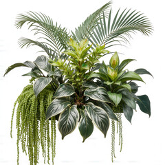 Exotic foliage arrangement: A detailed composition of diverse tropical plants, exhibiting a striking interplay of shades and textures in a studio setting, capturing nature's inherent beauty.