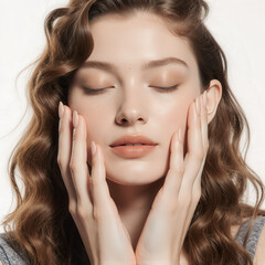 Serene Beauty: The image features a woman with closed eyes, enveloped in a moment of tranquil self-care, and serene, radiating inner peace and natural beauty.