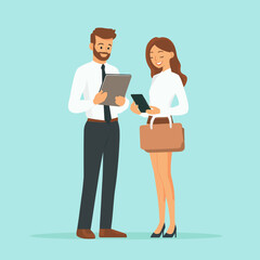 
Businesswoman with businessman upper body character taking laptop and smartphone. flat design style minimal vector illustration.