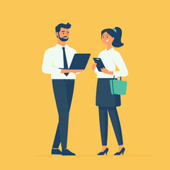 
Businesswoman with businessman upper body character taking laptop and smartphone. flat design style minimal vector illustration.