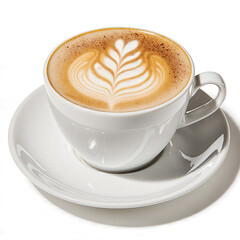 Latte Art Delight: A close-up shot of a meticulously crafted latte adorned with intricate latte art, nestled in a pristine white ceramic cup and saucer, invites a moment of pure coffee bliss.