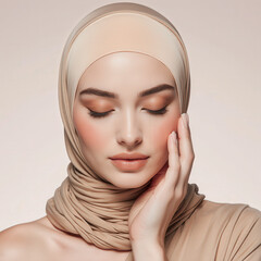 Elegant woman in scarf : A beautiful portrait of a woman with subtle makeup, her eyes gently closed, adorned with a flowing scarf and a serene expression.