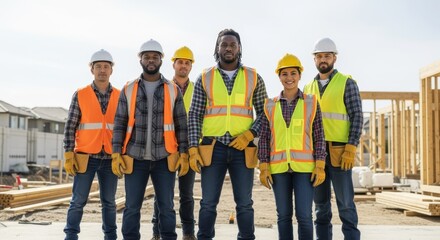 Confident construction workers of various backgrounds united at suburban building zone.