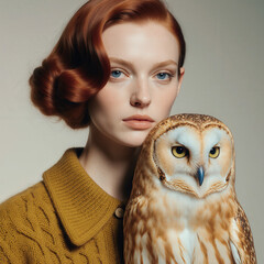 Serene Elegance: A portrait of a woman with striking red hair tenderly holds a majestic owl, her gaze piercing through the lens. 