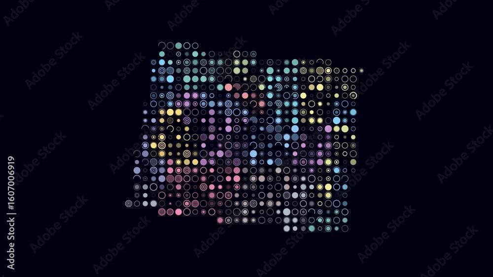 Poster wyoming dotted animation. shape of the state build of pulsating colored dots. large size circle bloc