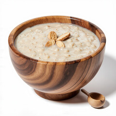 Oatmeal in a Wooden Bowl: A hearty and wholesome bowl of oatmeal, artfully presented in a rustic wooden bowl, adorned with a delicate garnish, invoking feelings of warmth and nourishment.